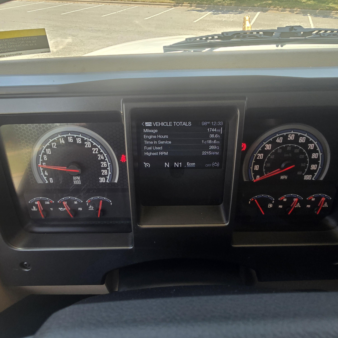 Dashboard of 2026 Mack PI64 showing instrument cluster and central display with vehicle totals readout
