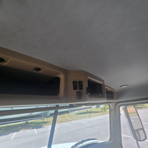 Cab interior overhead storage and controls in a Mack PI64 truck cab, showing beige panels, small switches, and a window mirror visible through the windshield.