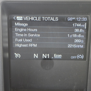 Dashboard display showing Vehicle Totals: Mileage 1744 mi, Engine Hours 38.6 h, Time in Service 1 d 18 h 6 m, Fuel Used 269 G, Highest RPM 2215 RPM, N N1 Econ mode.