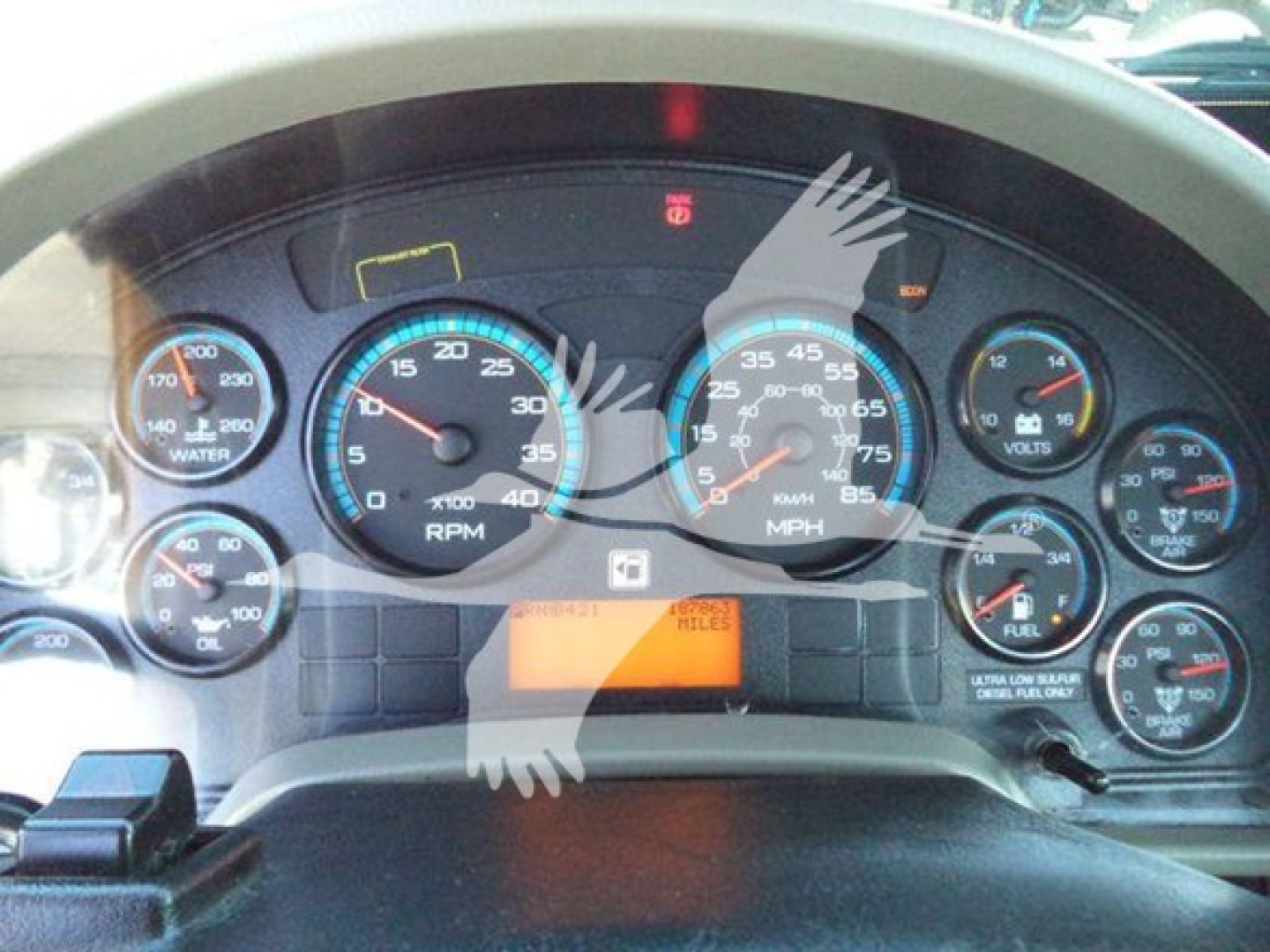 Dashboard of a 2019 International 4300 truck showing various gauges: water, oil, RPM, speedometer, voltmeter, and warning lights. Center display screen with orange warning appears. Steering wheel visible.