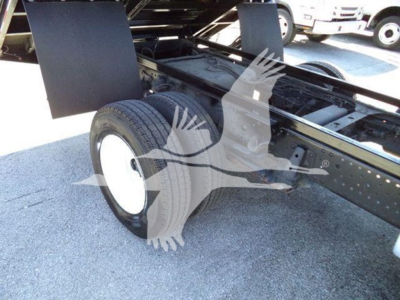 Isuzu NPR chassis with rear dual wheels and frame showing tire and suspension components; no legible labels visible on components.