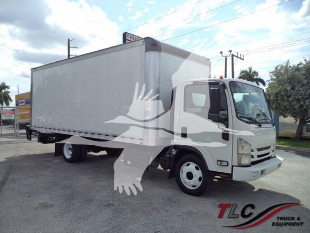 Isuzu NRR box truck in-service with a large white cargo box and cab, front three-quarter view.