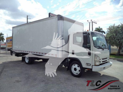 Isuzu NRR box truck in-service with a large white cargo box and cab, front three-quarter view.