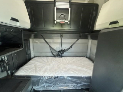 Freightliner Cascadia 126 sleeper cab interior with bunk bed and storage shelves, compact cargo space.