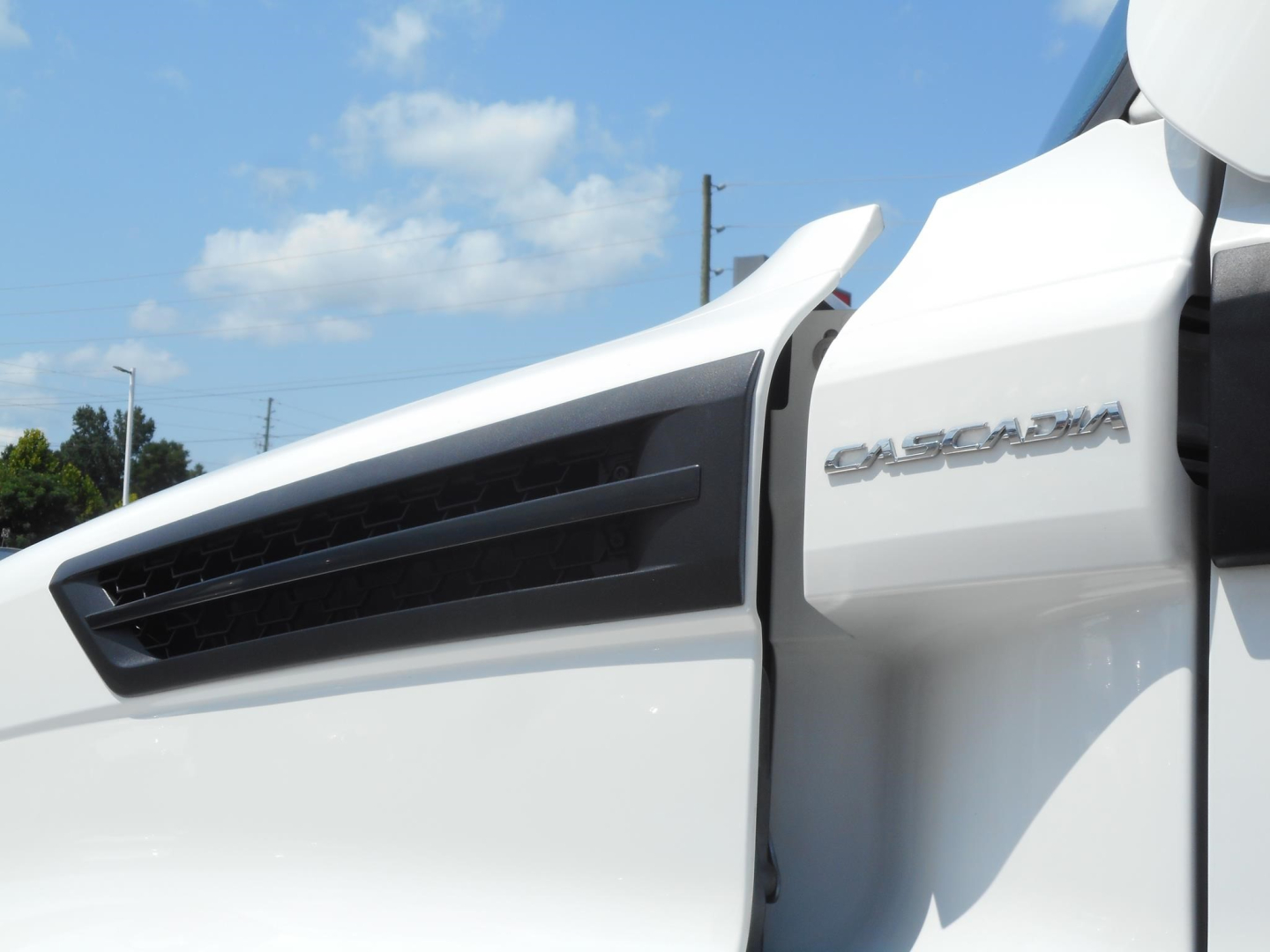 Truck cab side view showing Freightliner Cascadia badge on white sleeper with black vent fins.