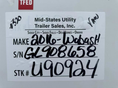 Mid-States Utility Trailer Sales sticker with handwritten VIN and stock number. Text reads: Make 2016-Wabash, S/N GL9081658, STK # U90924. Small labels show TFED and handwritten numbers.