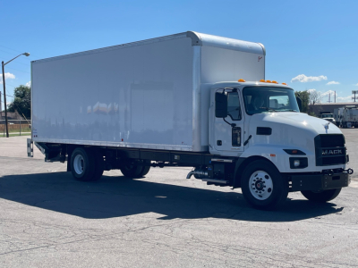 Box truck with white cab and cargo box, front view angled, Mack MD6 model, no visible damage.