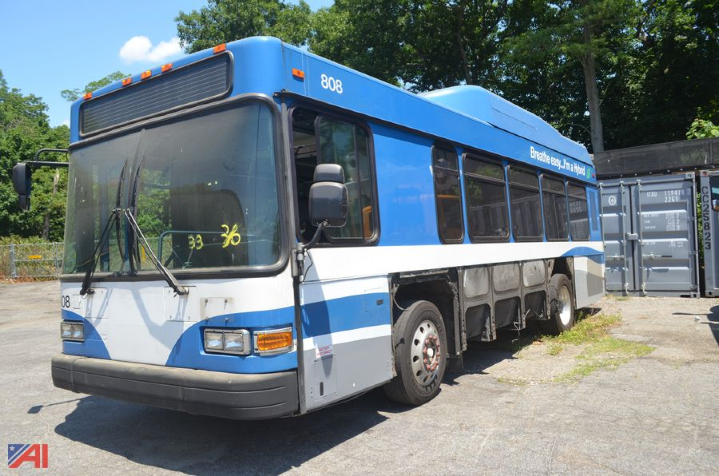 Blue and white 2011 Gillig Low Floor bus side and front view showing fleet number 808 and windows