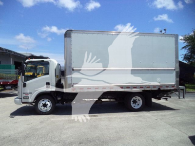 Isuzu NPR HD box truck side view showing cargo box and cab with graphic on box panel.