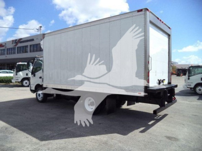 Truck body side view of a 2019 Hino box truck with a white wing graphic on the cargo area; refrigerated truck, rear lift gate visible.