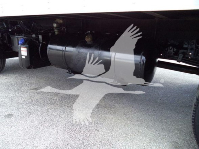 Underbody view of a 2019 Hino 195 refrigerated truck showing a side-mounted fuel tank and undercarriage components.