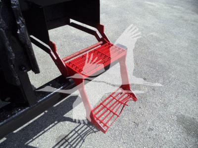 Red aluminum entry step and platform for a truck side door, attached to a black chassis; steps have perforated treads and a small ladder-like platform beneath.