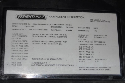 Freightliner component information plate showing model DD13 engine, base Michigan? text including model 1256? It lists engine model DD13 12.8L, 450 HP, 1650 RPM, etc., paints: Elite BC Paint Code CEL, but primarily Vehicle info plate with V