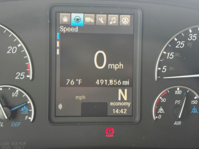 Dashboard display showing 0 mph with 491,856 miles, 76°F, N gear, and gauges for speed, tachometer, fuel, and air pressure.