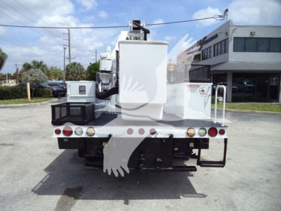 Versalift VST40i crane rear view showing hydraulic control cabinet and platform with rear variety of lights and bumper.