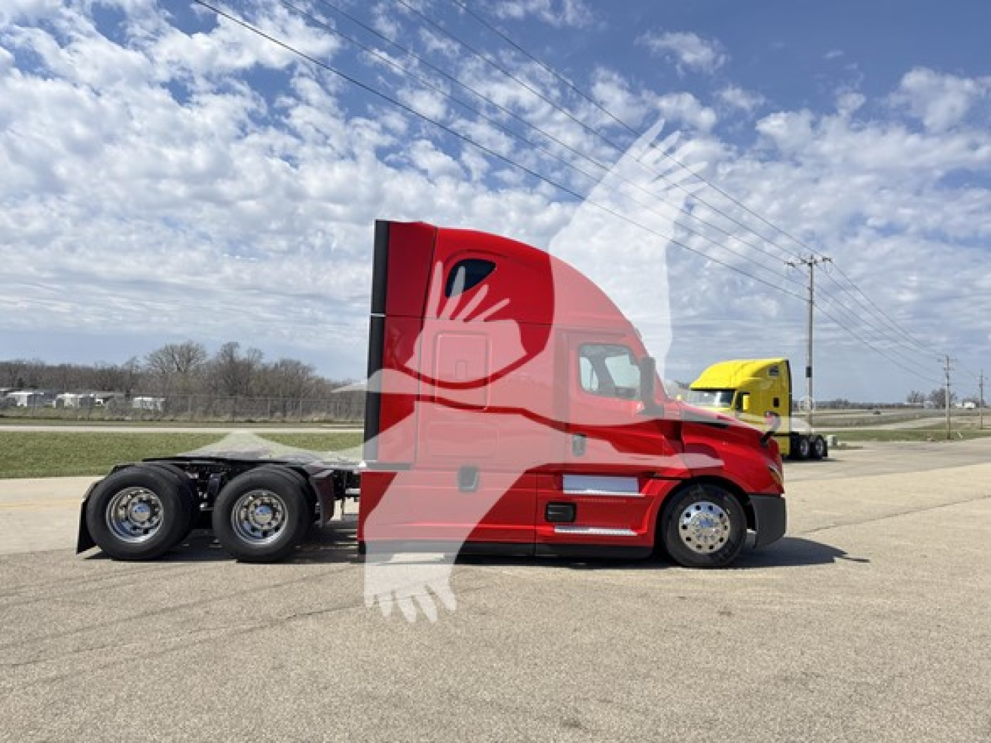 Freightliner Cascadia 126 sleeper tractor side profile with red cab and dual rear axles, 6x4 configuration, white-handprint watermark over image.