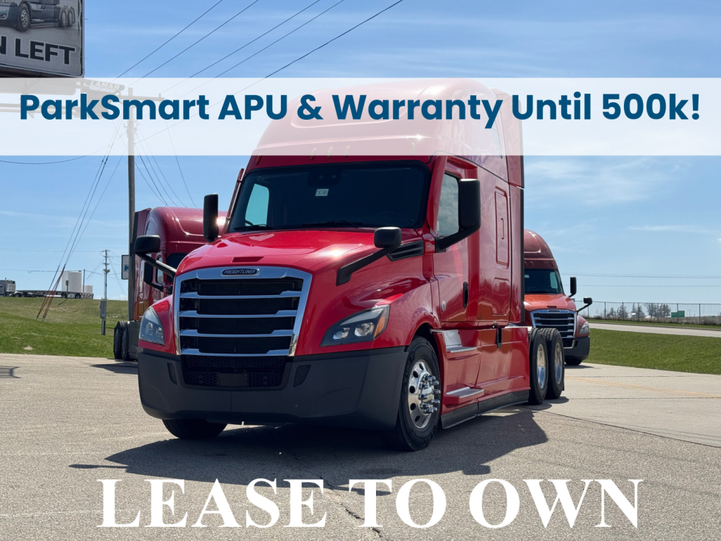 Freightliner Cascadia truck in red with ParkSmart APU banner and LEASE TO OWN text over image.