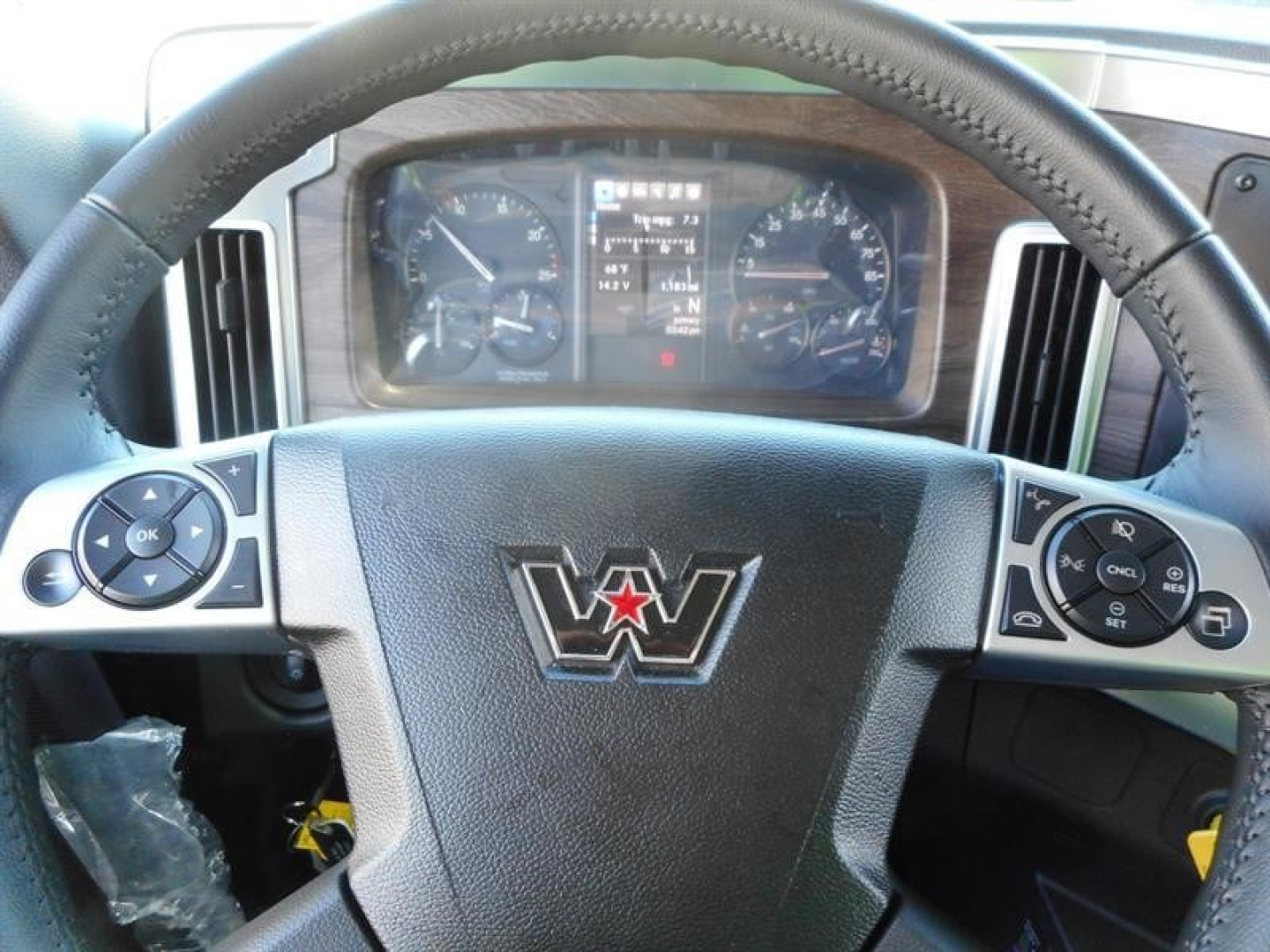 Steering wheel and dashboard of a Western Star truck cab showing instrument cluster and steering wheel with control buttons.