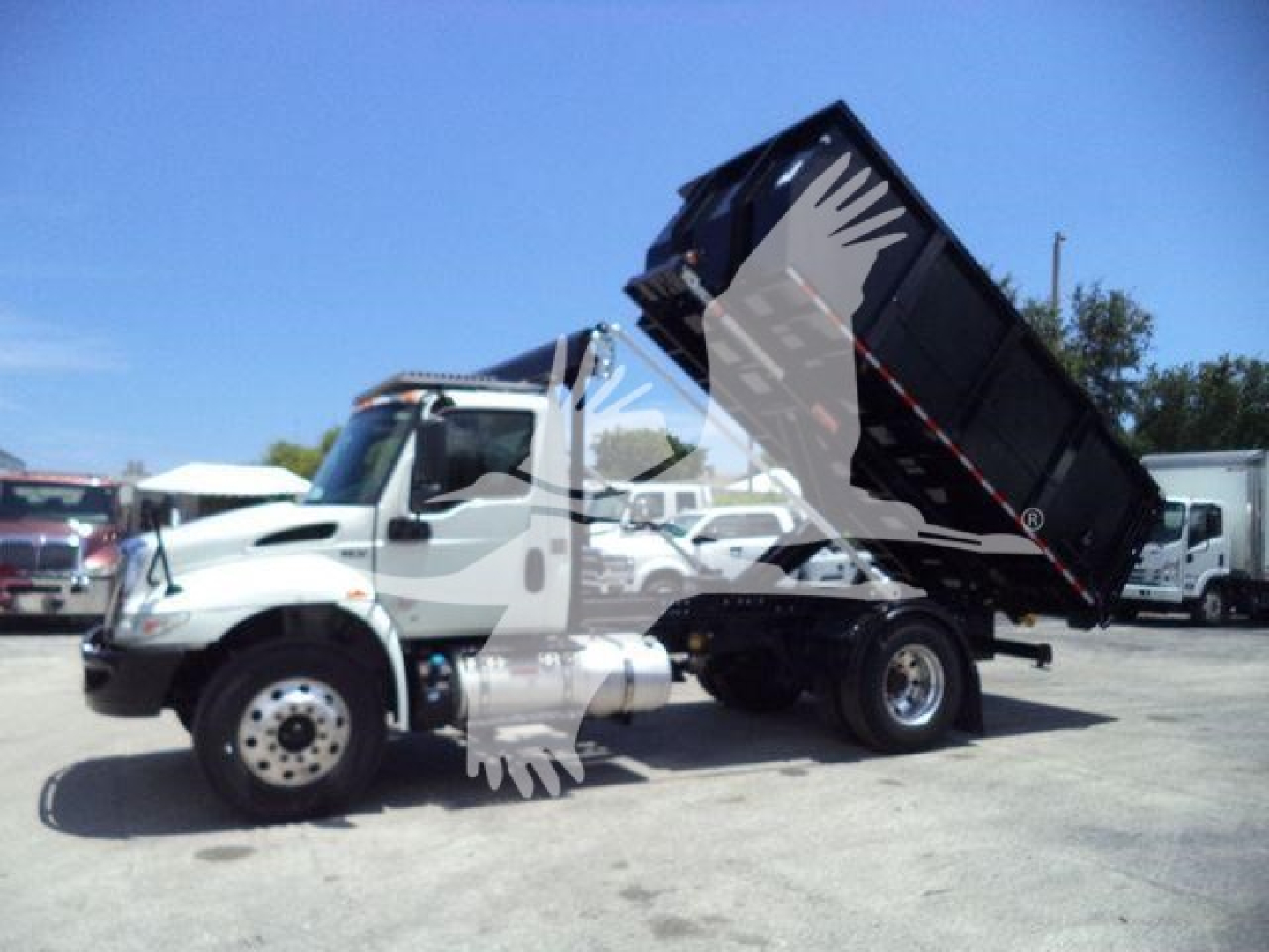 Truck cab and MV roll-off truck with elevated dump bed in a dealership lot.