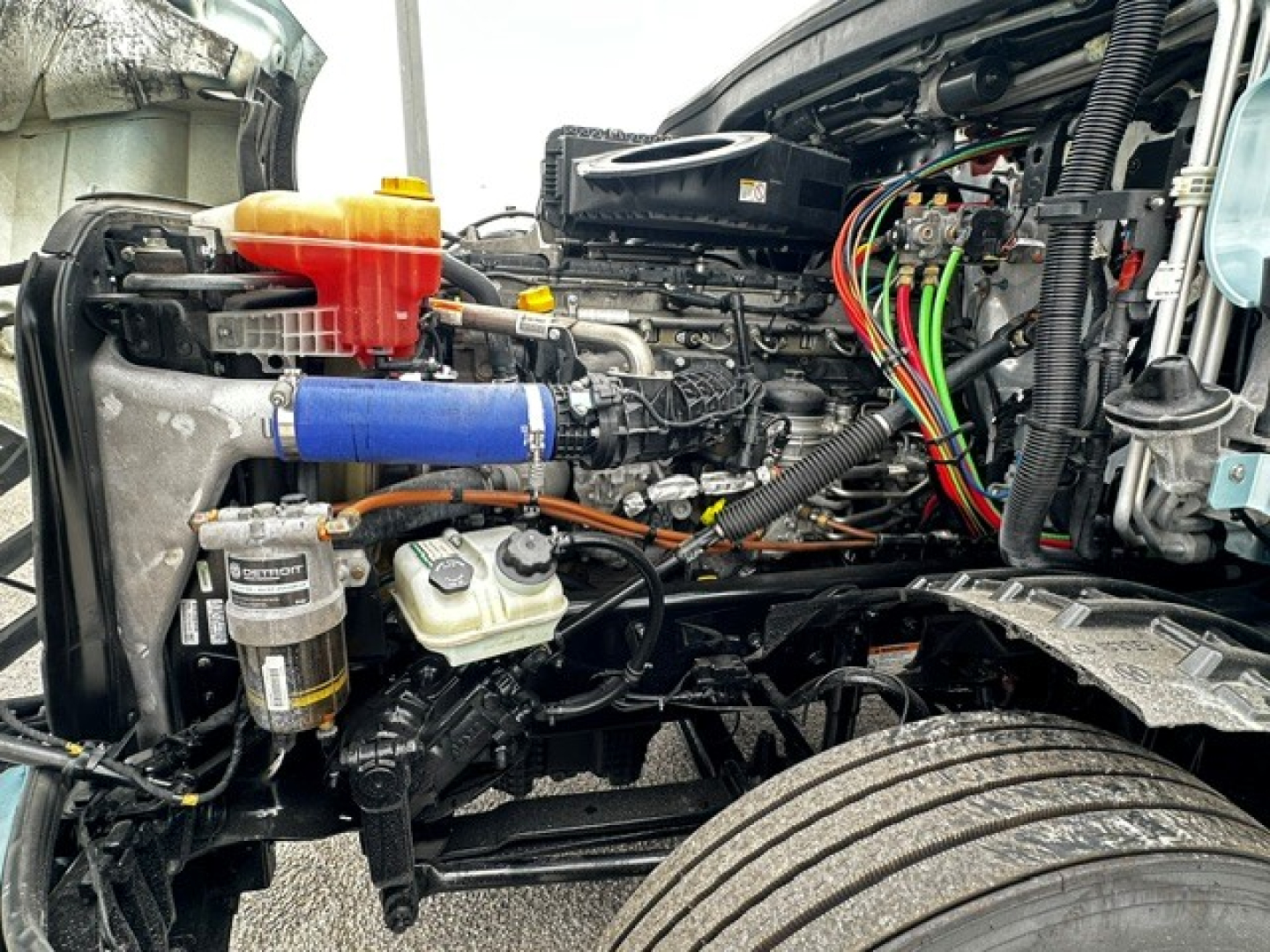 Freightliner Cascadia 126 engine bay showing coolant reservoir, blue silicone hose, oil filter, and exposed wiring harnesses.