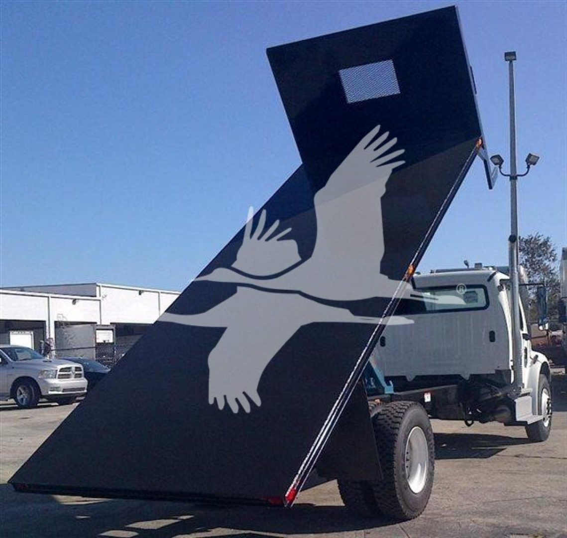 Flatbed truck with a large black ramp featuring a white bird graphic, raised on a white cab truck in a dealership lot.
