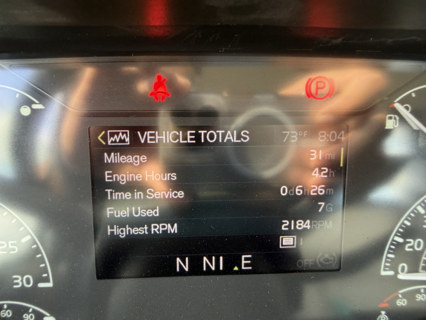 Vehicle instrument cluster displaying vehicle totals: Mileage 31,000? (image shows 31 m), Engine Hours 42h, Time in Service 0:06,26m, Fuel Used 7 G, Highest RPM 2184, with transmission indicator N N I E