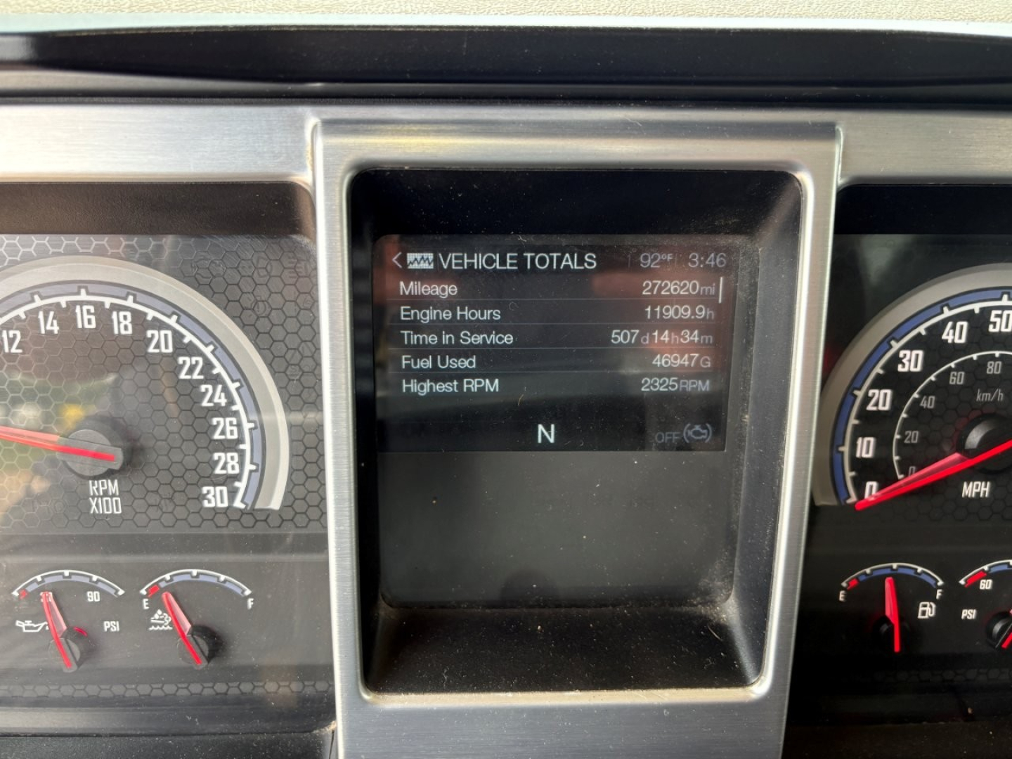 Mack GR64F dashboard cluster showing vehicle totals screen and gauges in center console.