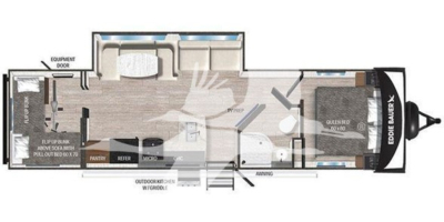 Travel trailer interior layout showing kitchen with pantry, fridge, outdoor kitchen, bunk/sofa area, bathroom, and queen bed in front; labels include EQUIPMENT DOOR, REFER, MICROWAVE, OUTDOOR KITCHEN WITH GRILL, PANTRY, RACK, and QUEEN BED.