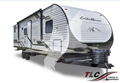 Trailer: 2024 unknown 322Bh travel trailer exterior with front hitch and safety chain, side entry door, dual axles, silver white graphics, TLC Truck & Equipment logo