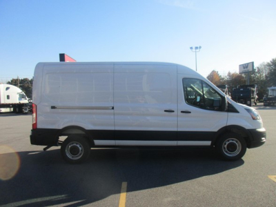 Ford Transit cargo van side view showing long wheelbase, white exterior, black trim, no visible branding text.