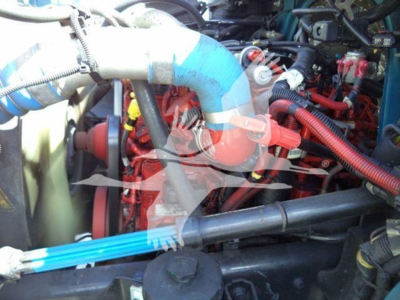 Trucks engine bay with blue coolant hose and red wiring harness in view, International MV diesel engine components visible.
