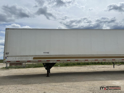 53' dry van trailer side view showing wheel area, registration numbers, and a support jack under the front edge.