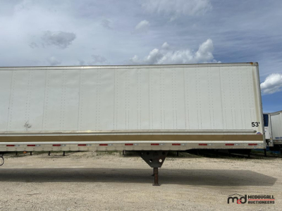 Utility 53' dry van trailer side profile showing white aluminum exterior with a small 53' marking near the front corner and a center support leg.
