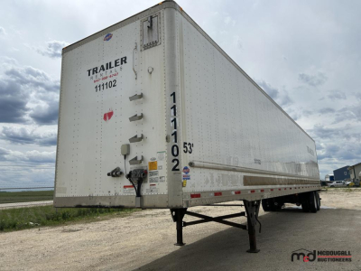 Trailer side and back showing 53' dry van utility trailer with VIN label and height markings.