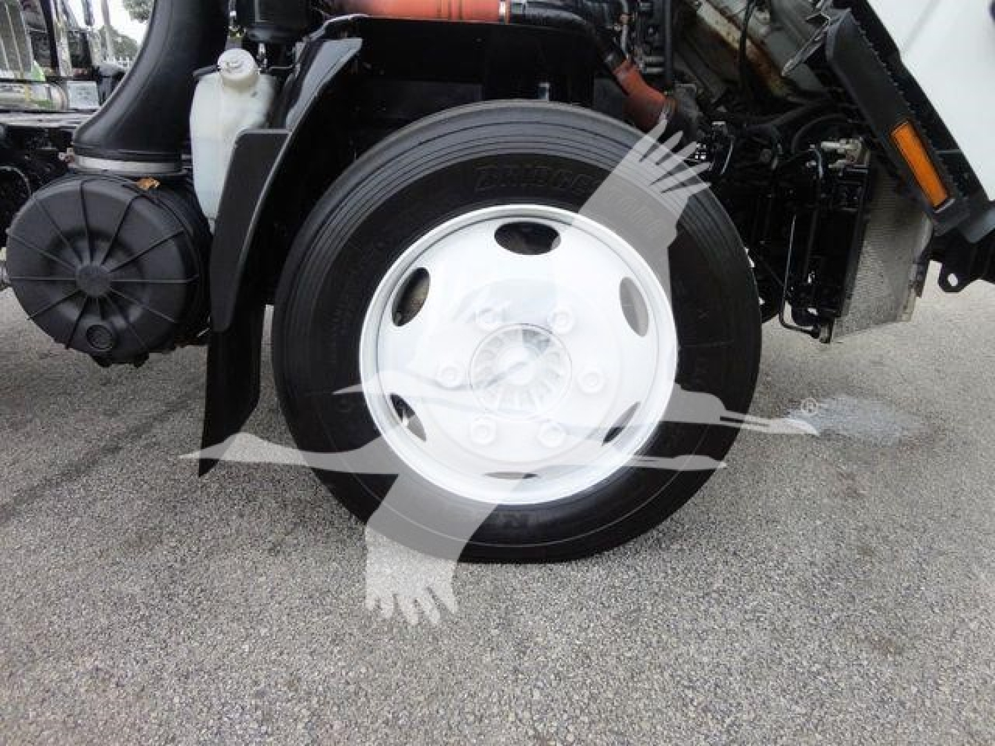 Isuzu NQR front wheel area with wheel and tire visible; portion of engine bay and components present.