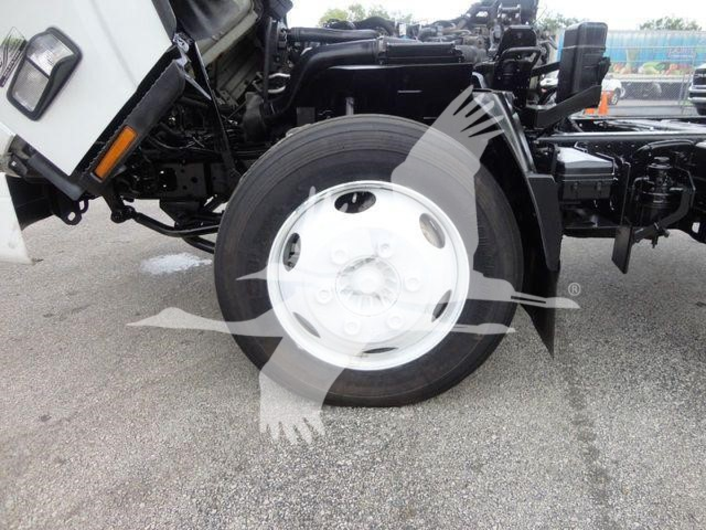 Isuzu NPR truck front wheel and chassis view showing white steel wheel and tire with surrounding undercarriage components.