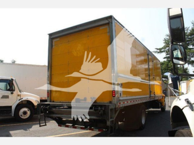Box truck rear view showing cargo area with yellow panels and white bird graphic, International MV model likely, side view mirrors visible.