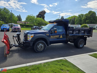 Ford F-450 Super Duty dump truck with plow, side view showing bed, front grille, and plow attachment.
