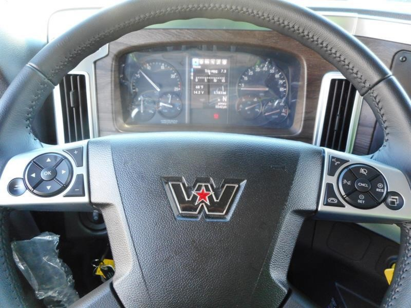 Western Star truck interior steering wheel and dashboard with logo visible and gauge cluster