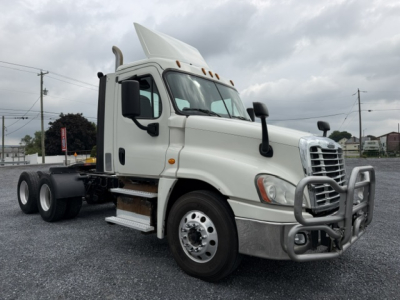 White Freightliner Cascadia CA125DC truck cab with hood open and bumper guard, showing front grille, side step, dual rear wheels, and large side mirrors.