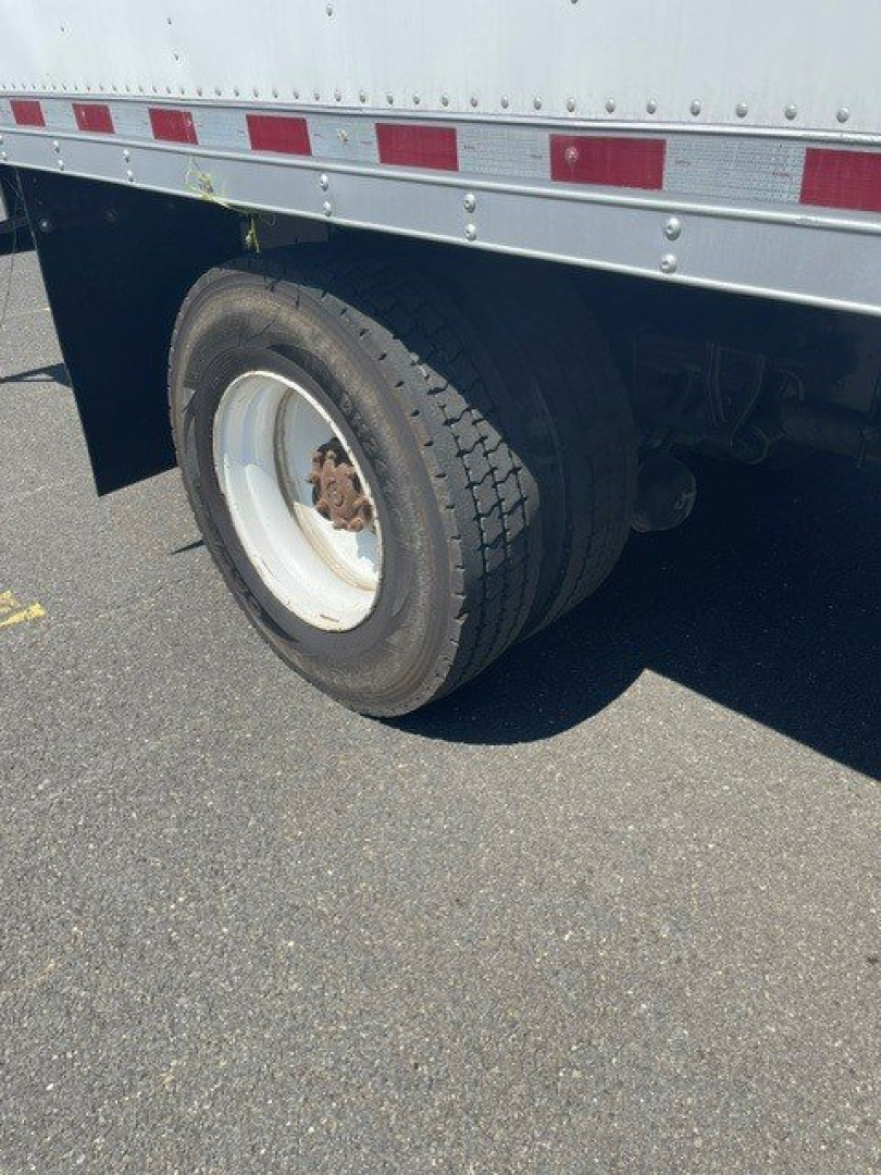 Hino 338 truck rear wheel and cargo box showing dual rear tires and side panel.