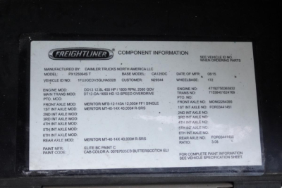 Freightliner component information plate on a 2016 Cascadia 125 showing model PX1250645T, base model CA125DC, VIN 1FUJGEDV3GLHA5328, engine model DDI3 12.8L 0 450 HP, various serials and paint codes.