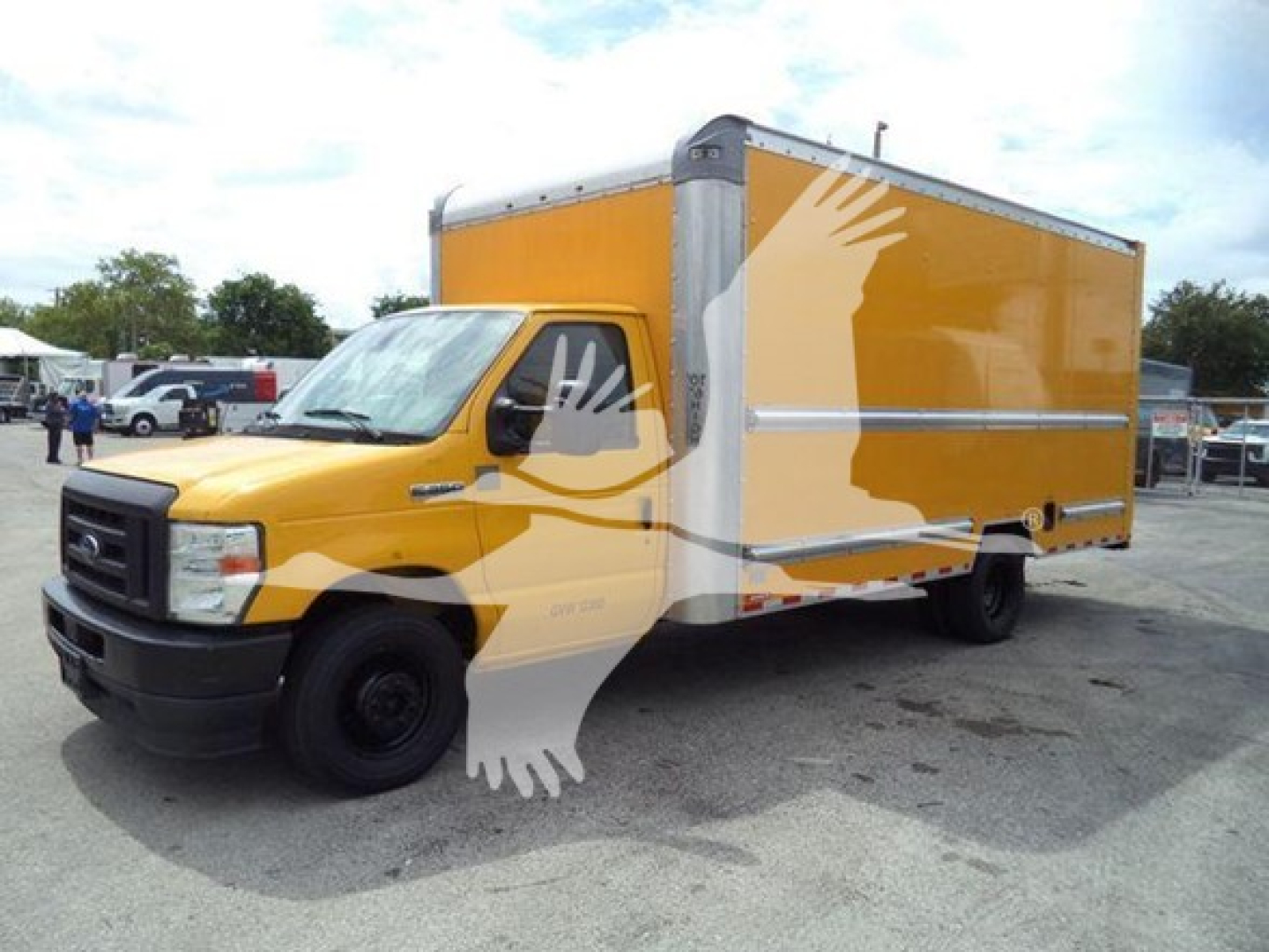 Ford E-350 box truck with orange cargo box and yellow cab, side view showing blank box panels and black front bumper.