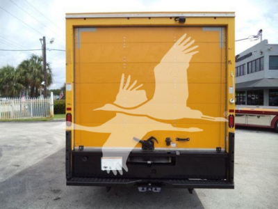 Ford E350 cargo van rear showing yellow doors with a large white graphics of flying birds.