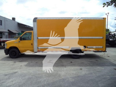 Ford E-350 cargo box truck side view showing yellow cab and marigold box with white graphic of wings.