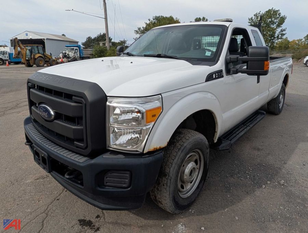 Ford F-250 Super Duty pickup truck front-left view showing single rear wheel, white exterior, black grille, and side steps.