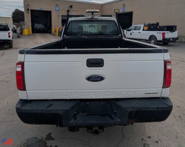 Ford F-250 Super Duty rear view showing tailgate with embossed 'SUPER DUTY' lettering and Ford emblem, bed open, single rear wheel configuration.