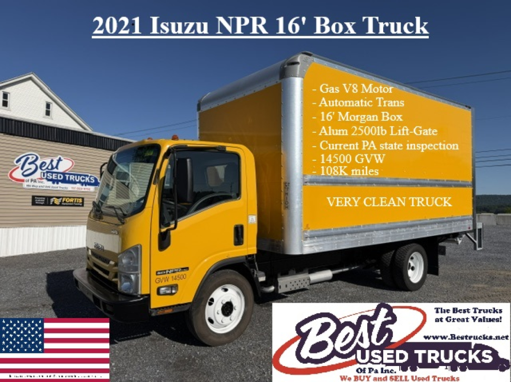 Isuzu NPR 2021 box truck with yellow cab and orange box showing specs and “Very Clean Truck” text.