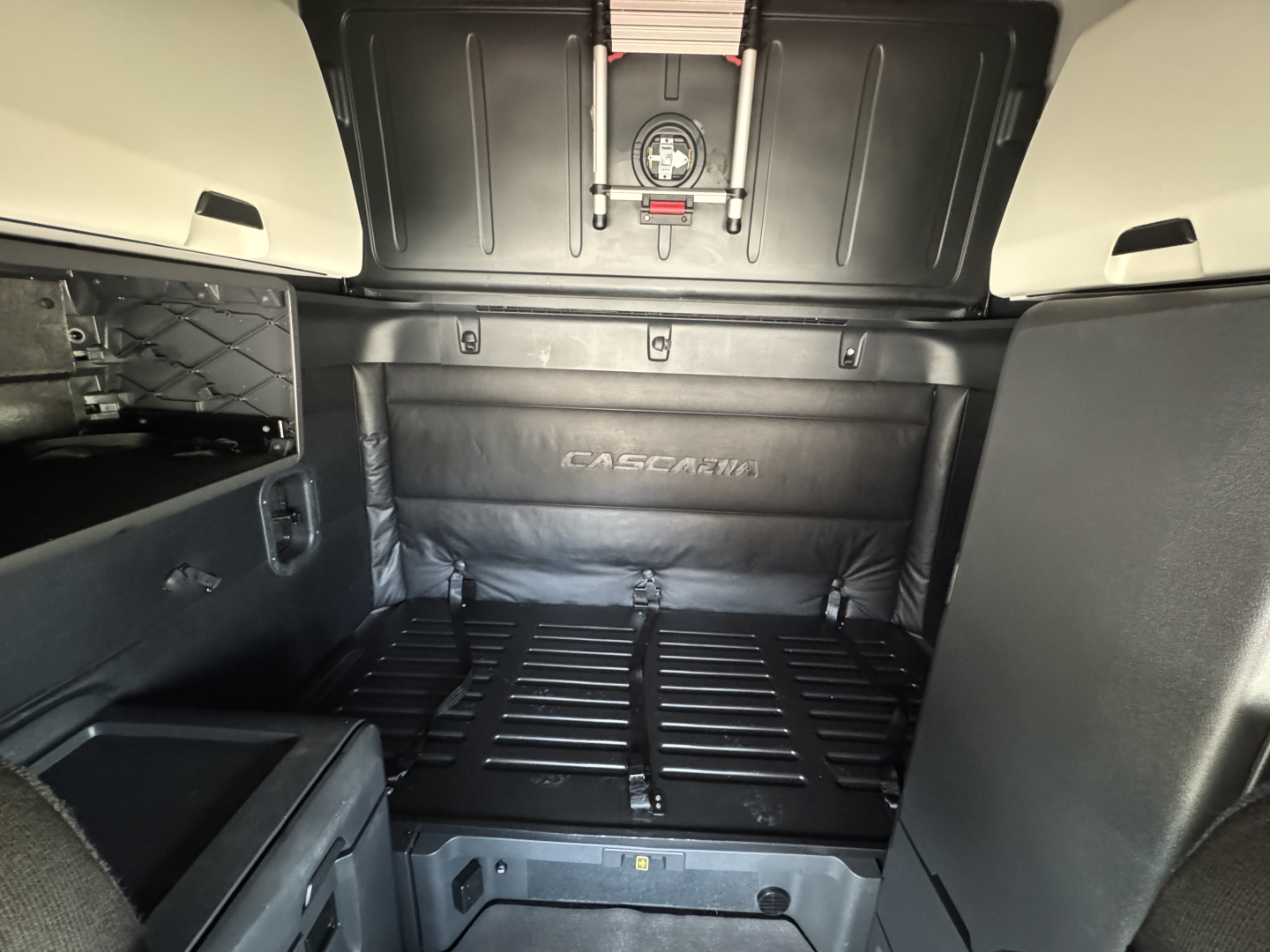 Freightliner Cascadia 126 sleeper cab interior cargo area with empty bed platform and storage compartments visible.
