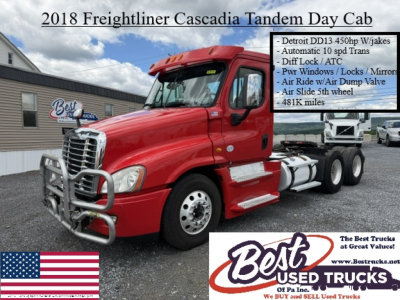 2018 Freightliner Cascadia Tandem Day Cab showing front grille guard and red truck with white cargo area. Text overlay lists features and Best Used Trucks logo.